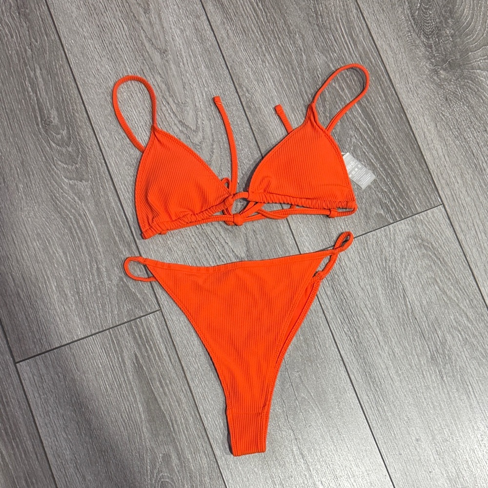 Double Zero Vibrant Orange Ribbed Bikini Set